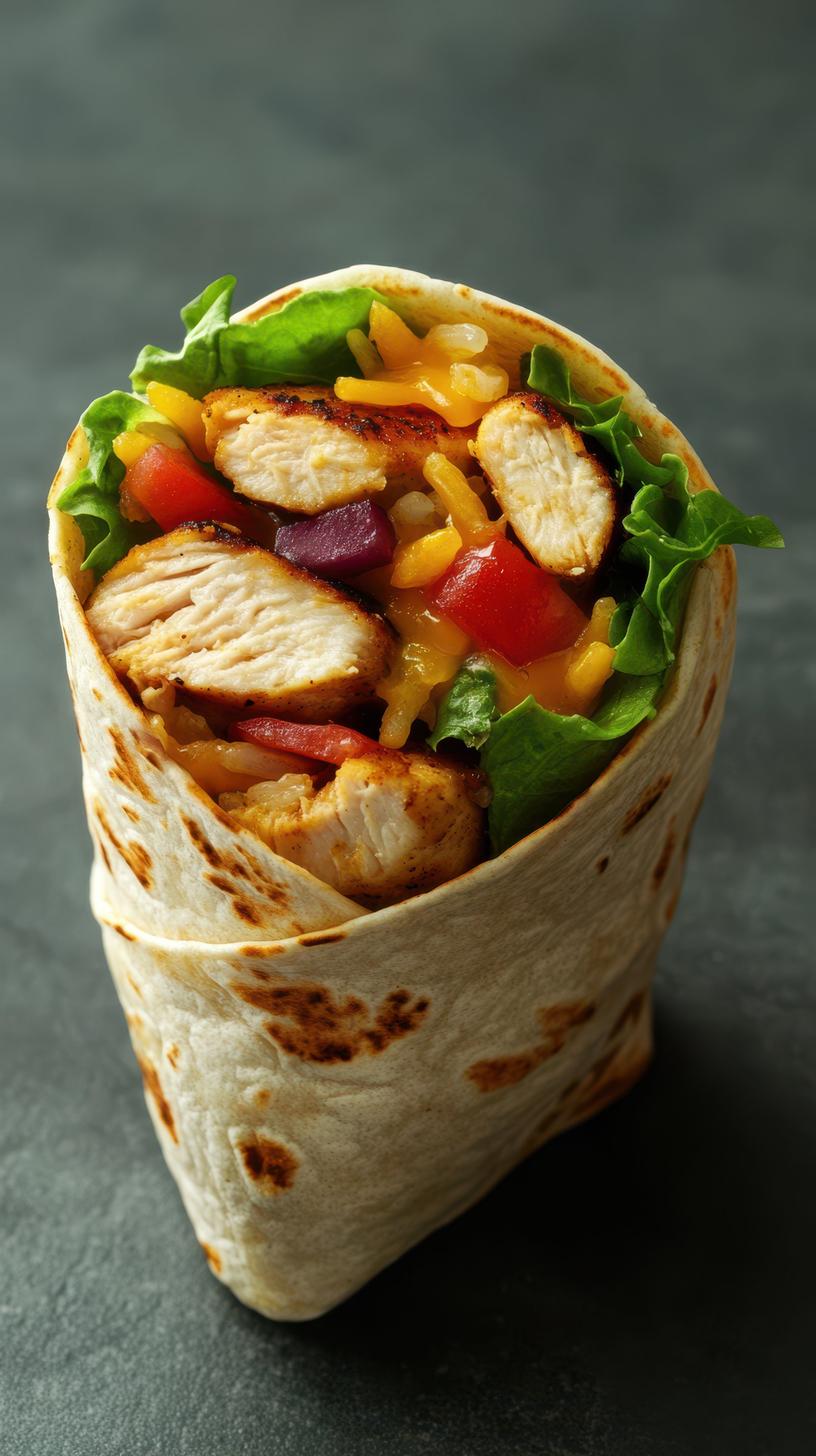 Delicious grilled chicken wrap with fresh vegetables and rice served on a dark background